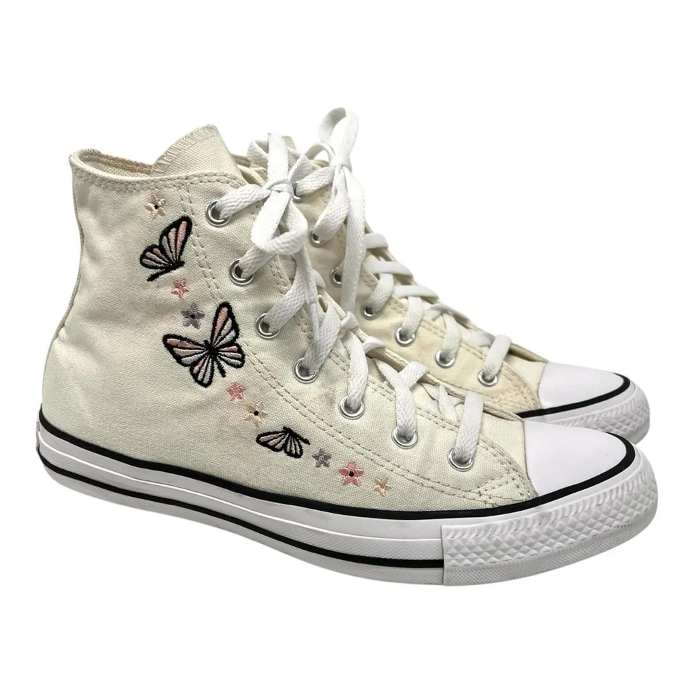 Converse Kids High Top Boots in Cream with Black and Pink Butterfly Embroidery